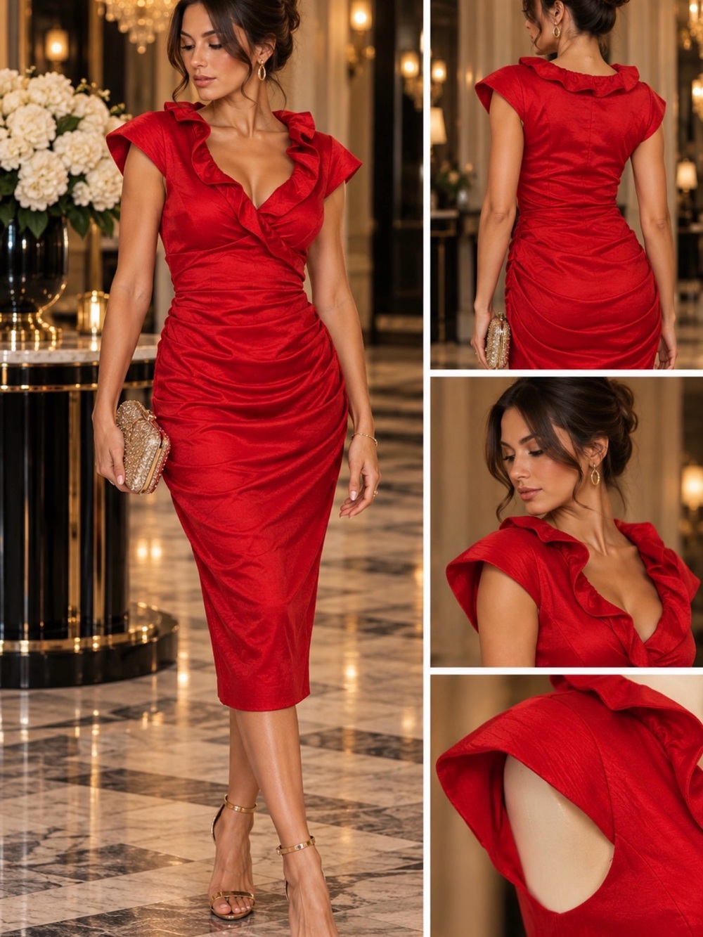 Xscape Red Ruffle V-Neck Ruched Midi Dress